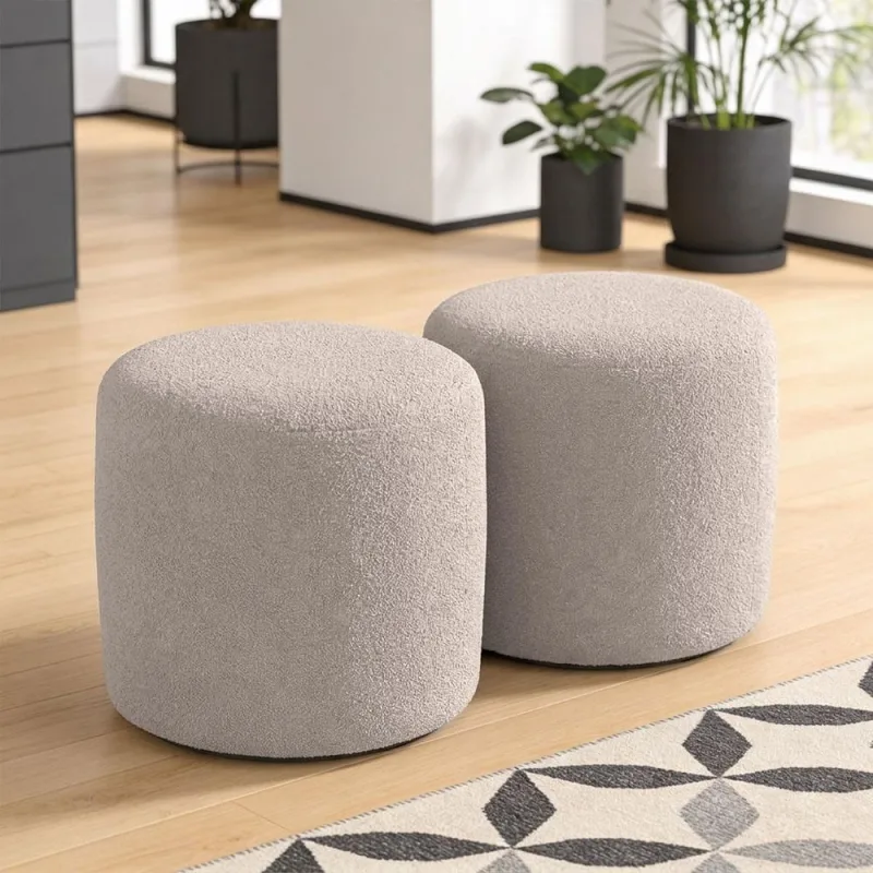 Kit 02 Puffs Redondo 50cm Sala De Estar Living Coliseu W01 Bouclê Bege - Lyam Decor - Lyam Decor