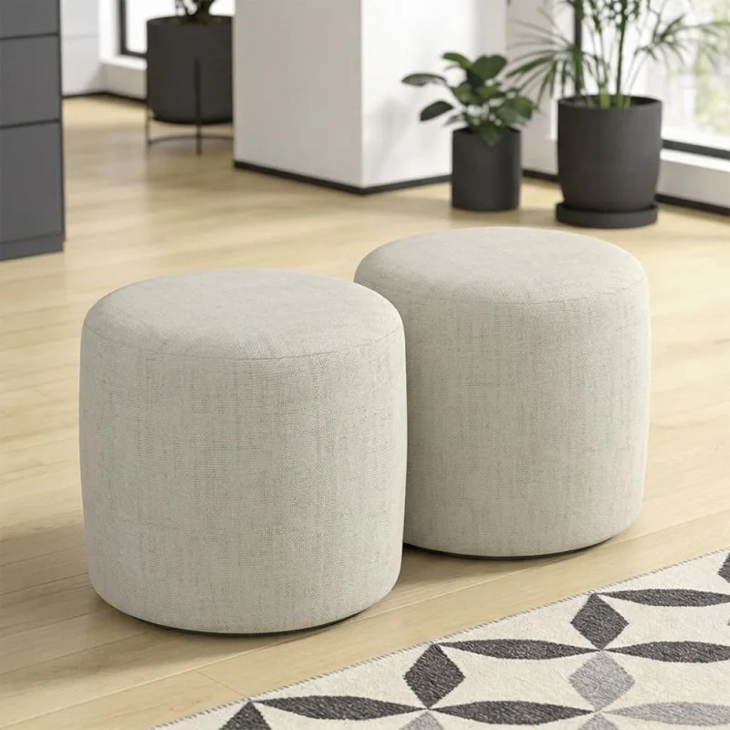 Kit 02 Puffs 50cm Redondo Sala De Estar Living Coliseu W01 Linho Cru - Lyam Decor - Lyam Decor - Móveis