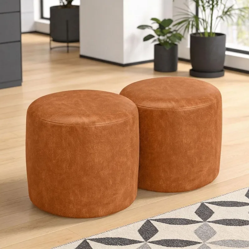 Kit 02 Puffs Redondo 50cm Sala De Estar Living Coliseu W01 Couríssimo Canela - Lyam Decor - Lyam Decor - Móveis