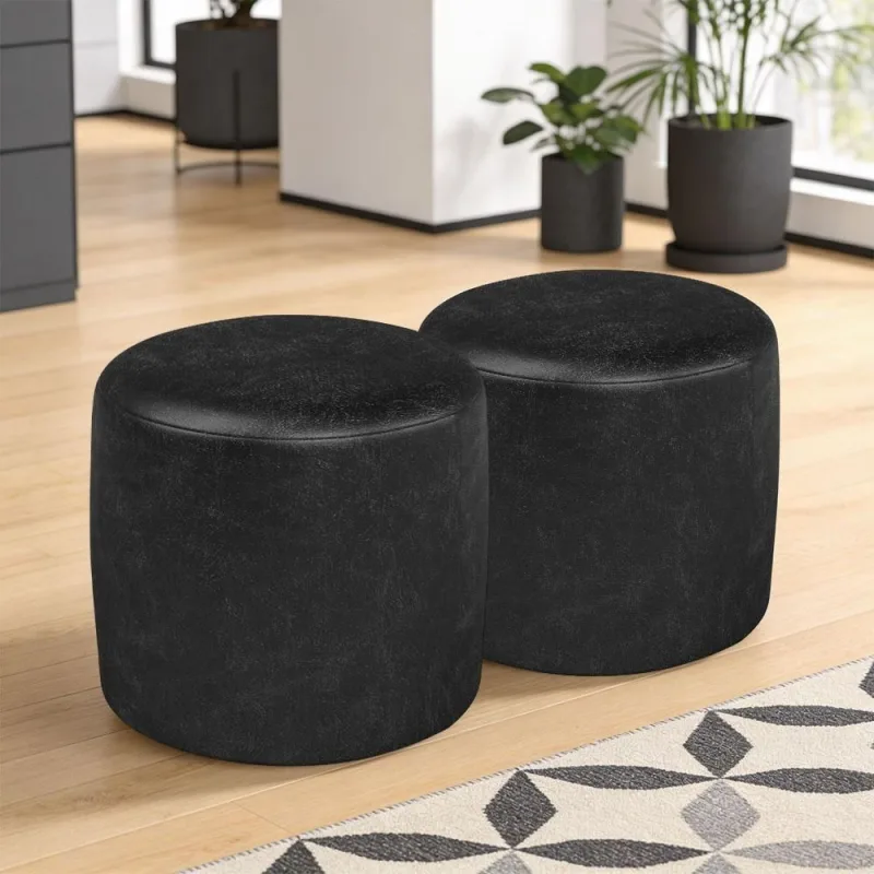 Kit 02 Puffs Redondo Coliseu W01 MDF Espuma Couríssimo Preto - Lyam Decor - Agro