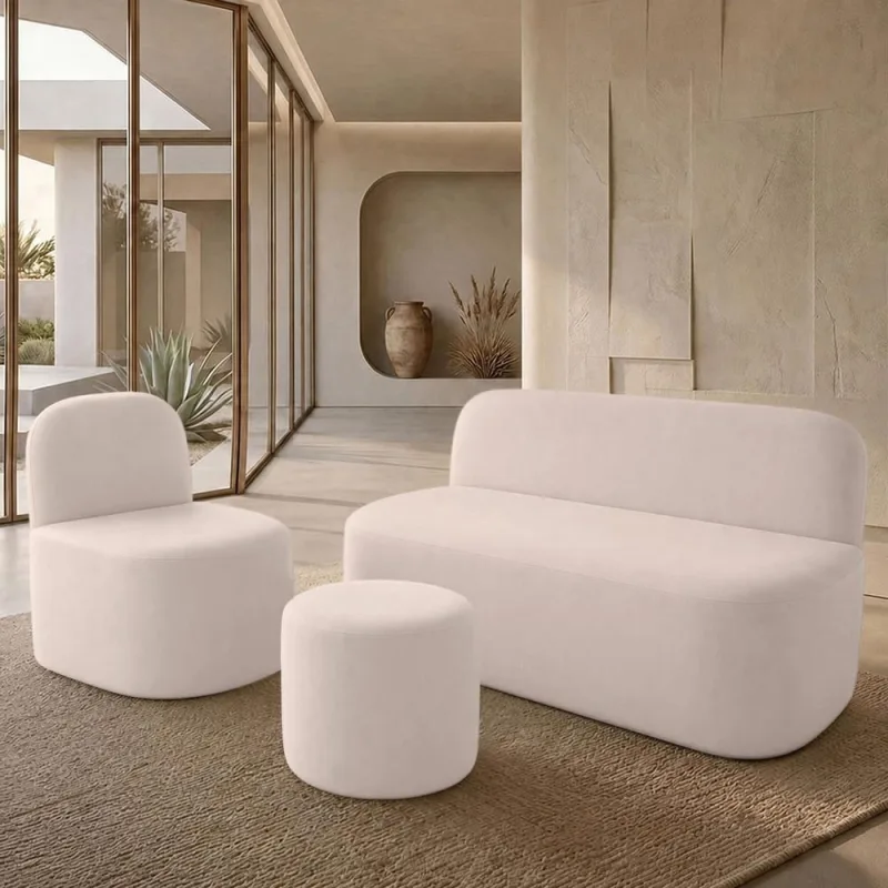Kit Poltrona Decorativa Lumiere Com Puff Coliseu e Namoradeira Naeris W01 Suede Bege - Lyam Decor - Lyam Decor - Móveis
