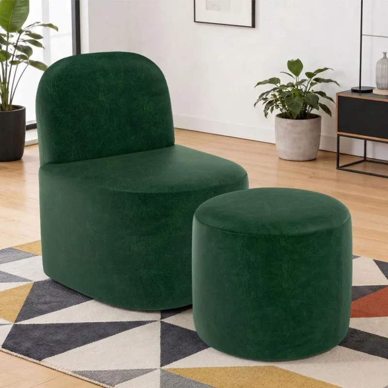 Kit Poltrona Decorativa Lumiere Com Puff Coliseu W01 Couríssimo Verde   - Lyam Decor - Lyam Decor