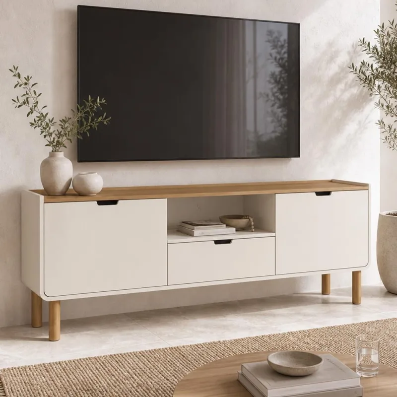 Rack Para Sala De Estar TV 75 Polegadas 180cm Orgânico Nordic A03 Hanover Off White Roble - Lyam Decor - Lyam Decor - Móveis