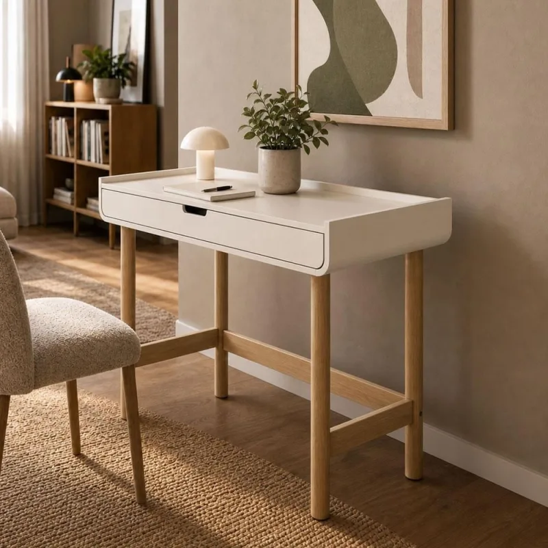 Mesa Escrivaninha Orgânica Home Office 1 Gaveta 100cm Nordic A03 Off White Roble - Lyam Decor - Lyam Decor