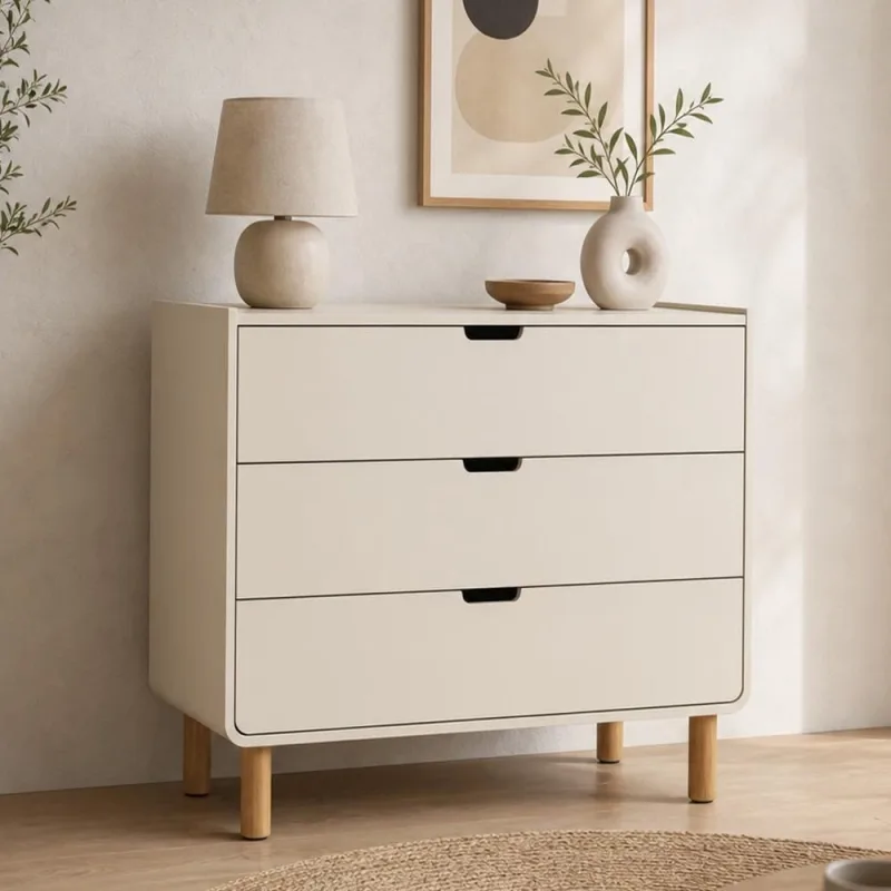Cômoda Para Quarto 3 Gavetas 90cm Orgânica Nordic A03 Off White Roble - Lyam Decor - Lyam Decor