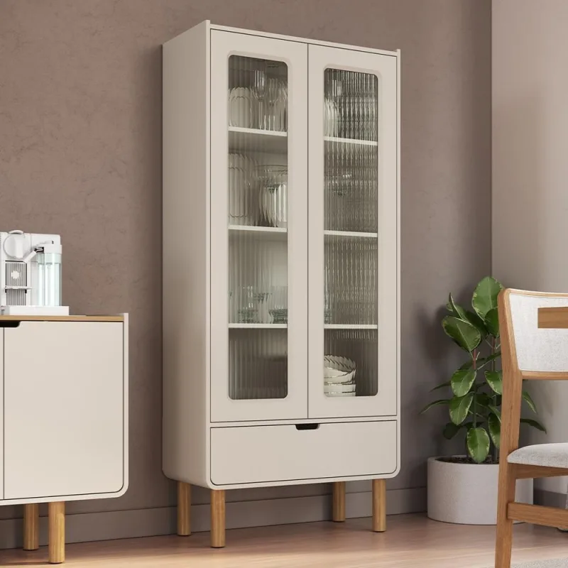 Cristaleira Para Sala de Jantar 2 Portas Vidro 1 Gaveta Nordic A03 Off White Roble - Lyam Decor - Lyam Decor