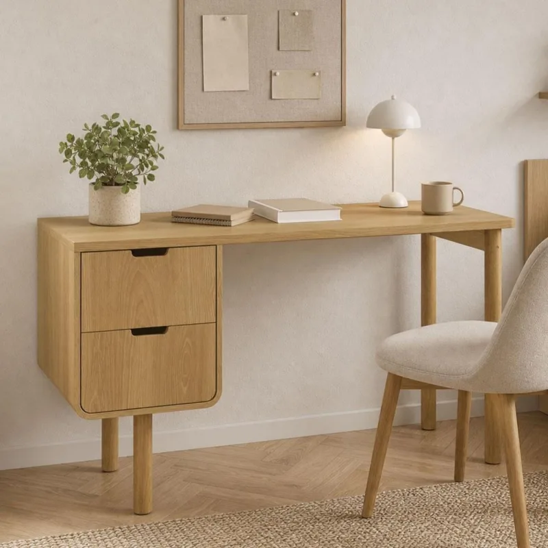 Mesa Escrivaninha Orgânica Home Office 2 Gavetas Flex 136cm Nordic A03 Hanover Roble - Lyam Decor - Lyam Decor - Móveis