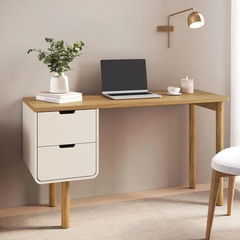 Mesa Escrivaninha Orgânica Home Office 2 Gavetas Flex 136cm Nordic A03 Hanover Off White Roble - Lyam Decor - Lyam Decor