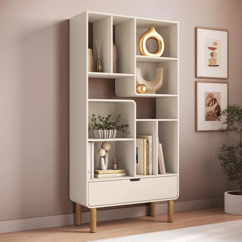 Estante Livreiro Home Office Orgânica 1 Gaveta 90cm Nordic A03 Off White Roble - Lyam Decor - Lyam Decor