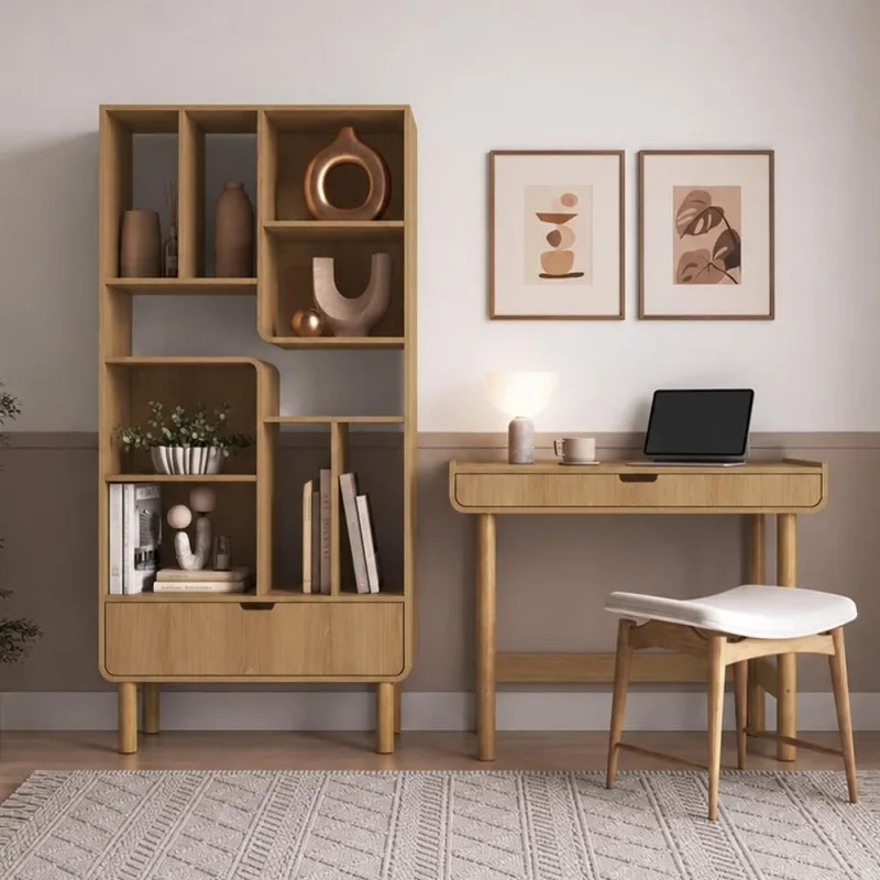 Estante Livreiro Home Office e Mesa Escrivaninha Orgânica Nordic A03 Hanover Roble - Lyam Decor - Lyam Decor - Móveis