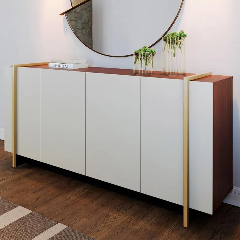 Aparador Buffet Para Sala de Jantar 4 Portas 160cm Puerto C04 Off White Nogueira Preto Dourado - Lyam Decor - Lyam Decor - Móveis