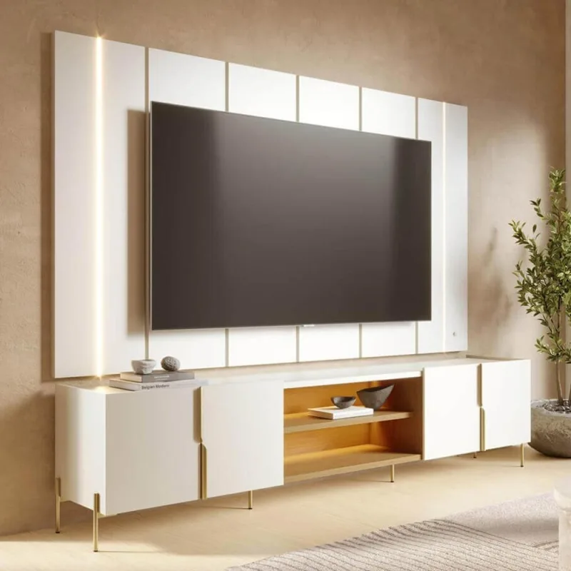 Rack Para Sala com Painel Para TV 75 Pol Com LED 243cm Novare C04 Off White Matte Freijó - Lyam Decor - Lyam Decor