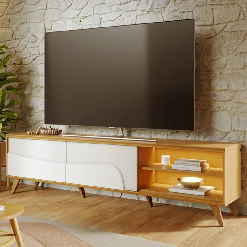 Rack Para Sala de Estar TV 75 Pol Com LED Pés Retrô 216cm Salerno C04 Naturale Off White Matte - Lyam Decor - Lyam Decor