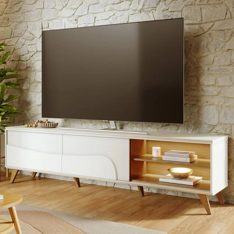 Rack Para Sala de Estar TV 75 Pol Com LED Pés Retrô 216cm Salerno C04 Off White Matte Freijó- Lyam Decor - Lyam Decor