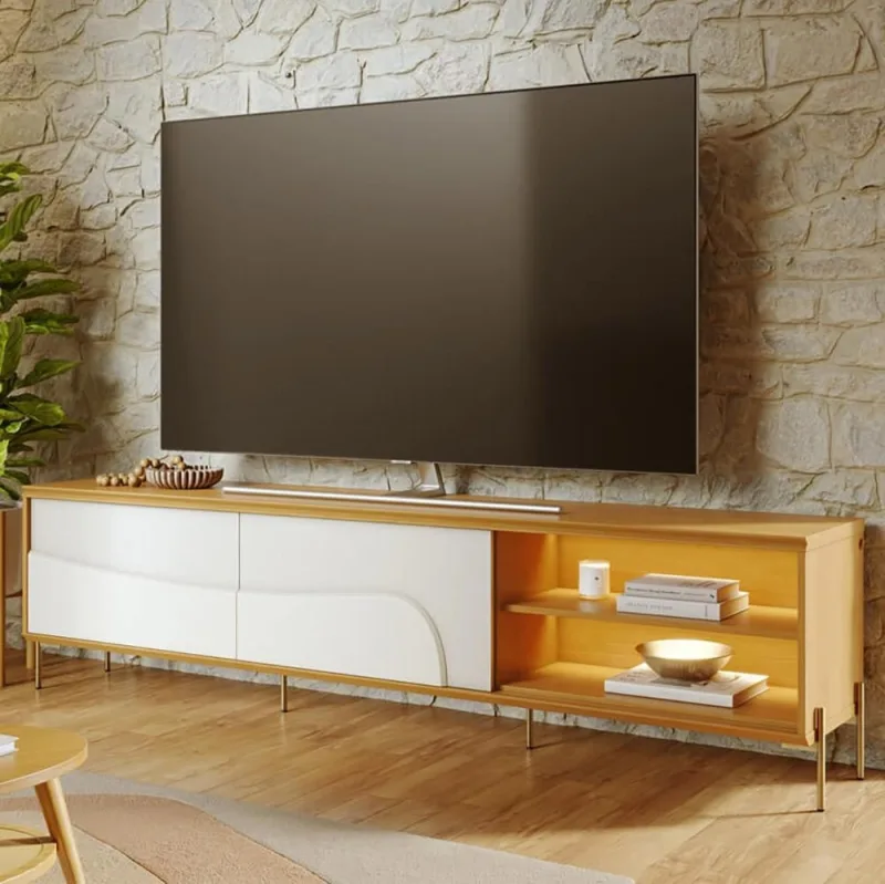 Rack Para Sala de Estar TV 75 Pol Com LED Pés Industrial 216cm Salerno C04 Naturale Off White Matte - Lyam Decor - Lyam Decor - Móveis