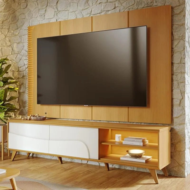 Rack Para Sala Retrô com Painel Para TV 65 Pol Com LED 216cm Salerno C04 Naturale Off White Matte - Lyam Decor - Lyam Decor