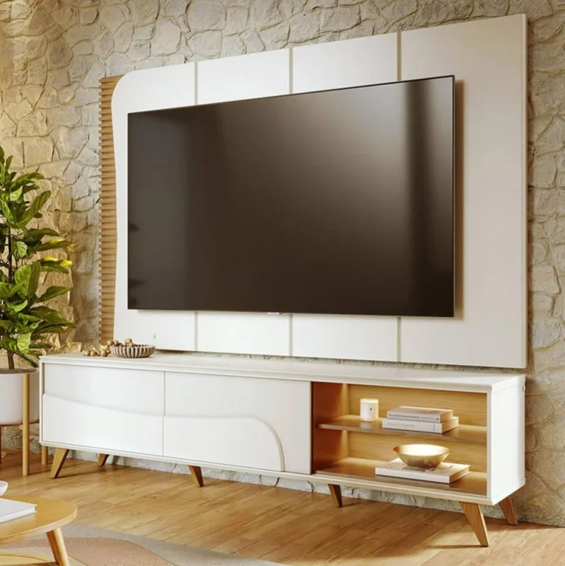 Rack Para Sala Retrô com Painel Para TV 65 Pol Com LED 216cm Salerno C04 Off White Matte Freijó - Lyam Decor - Lyam Decor - Móveis