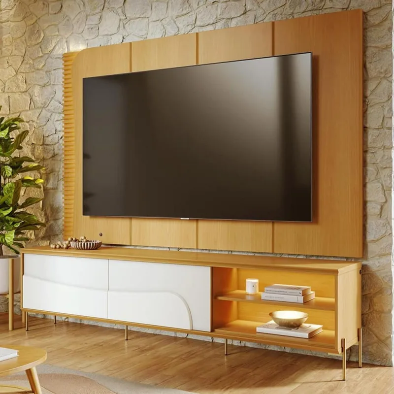 Rack Para Sala Industrial com Painel Para TV 65 Pol Com LED 216cm Salerno C04 Naturale Off White Matte - Lyam Decor - Lyam Decor - Móveis