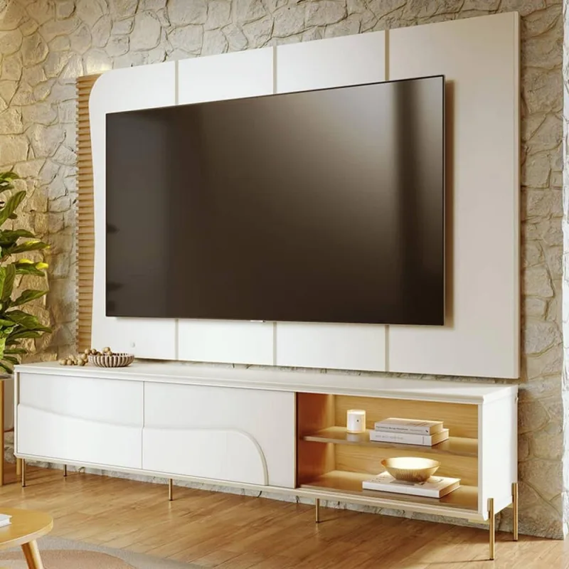 Rack Para Sala Industrial com Painel Para TV 65 Pol Com LED 216cm Salerno C04 Off White Matte Freijó - Lyam Decor - Lyam Decor