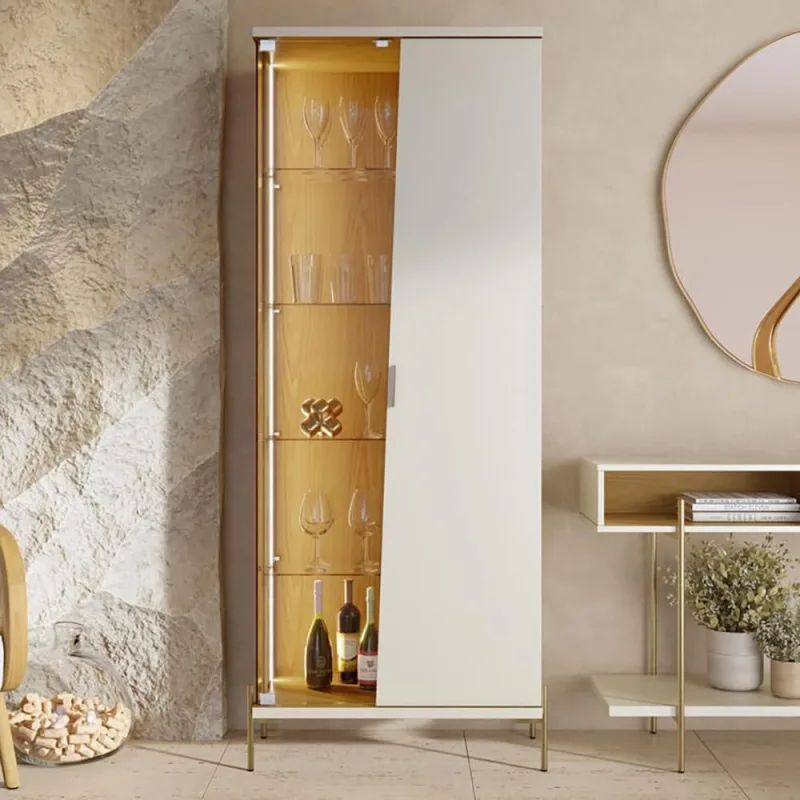 Cristaleira Para Sala de Jantar 1 Porta Pés Industrial Dourado Mosele C04 Off White Matte Freijó - Lyam Decor - Lyam Decor