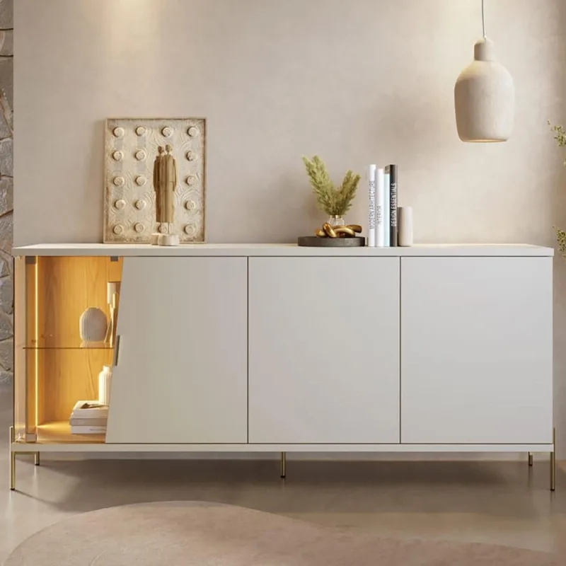Aparador Buffet Para Sala de Jantar 4 Portas 182cm Pés Industrial Dourado Mosele C04 Off White Matte Freijó - Lyam Decor - Lyam Decor - Móveis