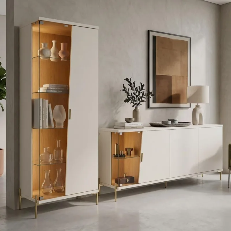 Kit Aparador Buffet e Cristaleira Mosele C04 6 Portas 8 Prateleiras MDF com Iluminação Off White - Lyam Decor