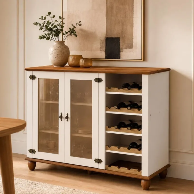 Aparador Buffet com Adega Alegra 2 Portas Vidro Tampo MDF 135CM Off White Lyam Decor - Lyam Decor - Móveis
