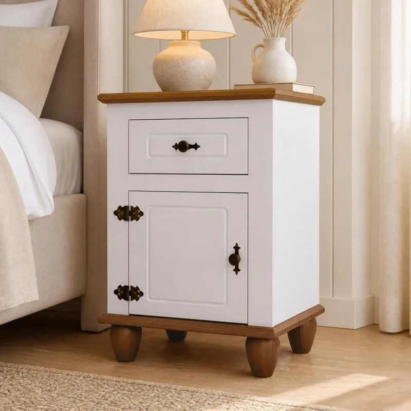 Mesa de Cabeceira 1 Porta 1 Gaveta 50cm Provençal Alegra S05 Off White Nogueira - Lyam Decor - Lyam Decor - Móveis
