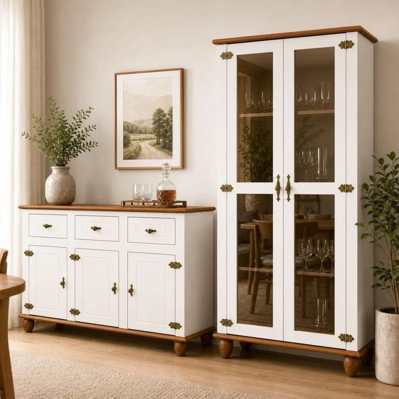 Kit Aparador Buffet 130cm Com Cristaleira 2 Portas Vidro Alegra S05 Off White Nogueira - Lyam Decor - Lyam Decor - Móveis