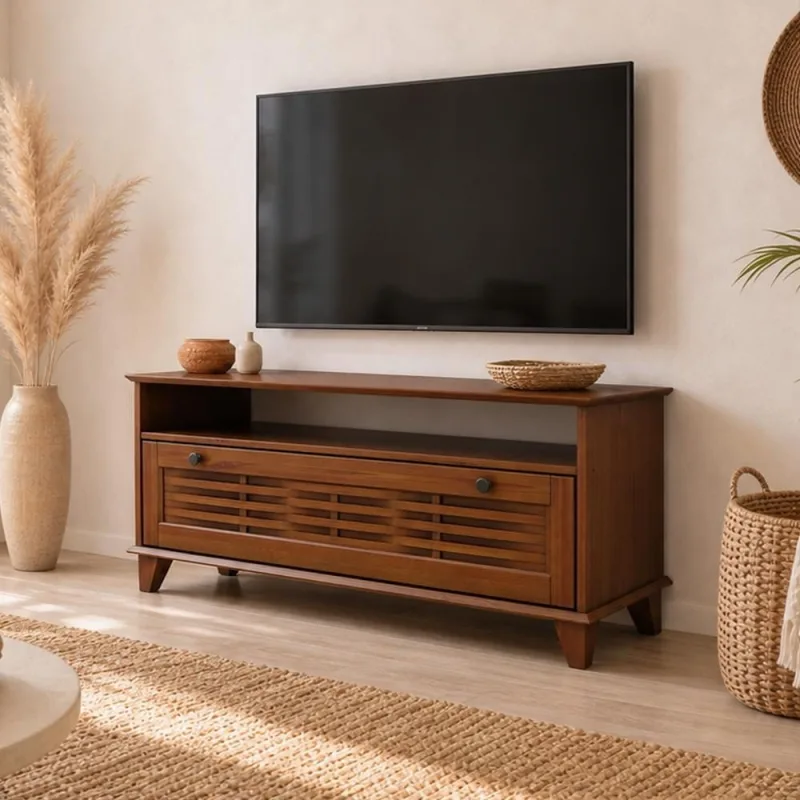 Rack Para Sala de Estar TV 55 Pol 1 Porta 120cm Madeira Maciça Aton S05 Ipê - Lyam Decor - Lyam Decor - Móveis