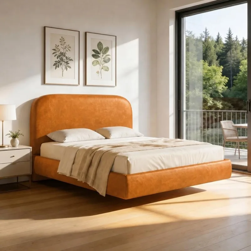 Cama Casal Flutuante Com Cabeceira 140cm Aura W01 Couríssimo Whisky - Lyam Decor - Lyam Decor - Colchões