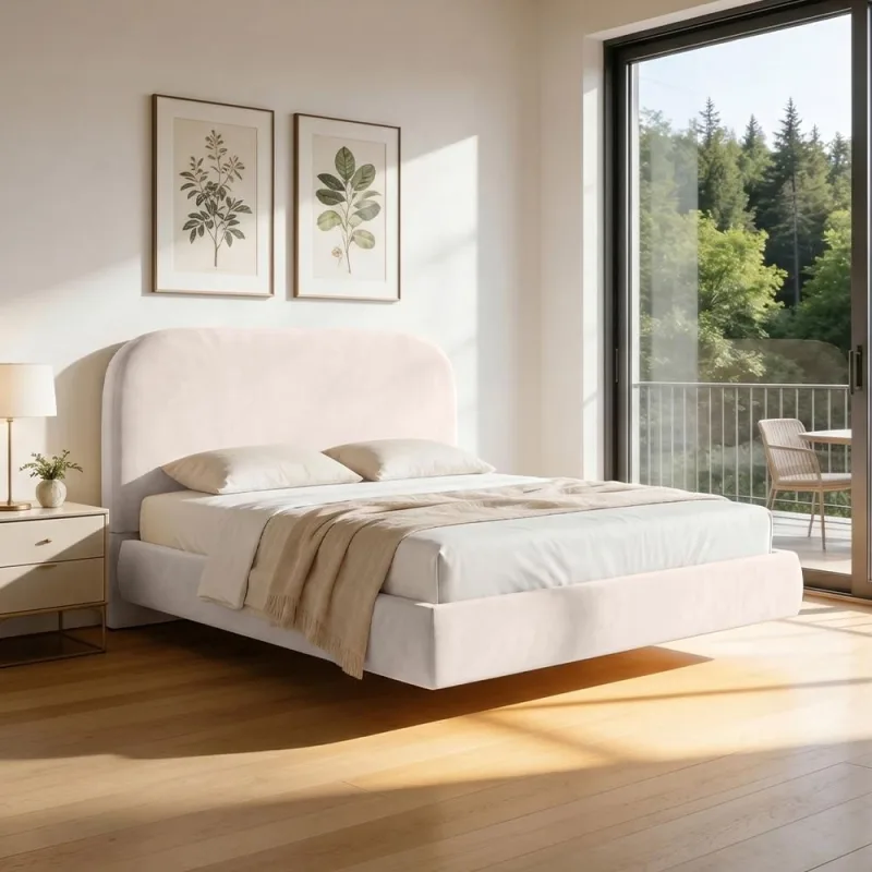Cama Queen Flutuante Com Cabeceira 160cm Aura W01 Suede Bege - Lyam Decor - Lyam Decor