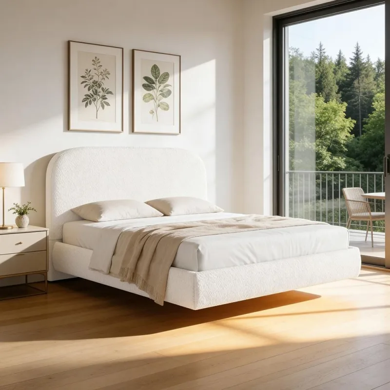 Cama Queen Flutuante Com Cabeceira 160cm Aura W01 Bouclê Cru - Lyam Decor - Lyam Decor