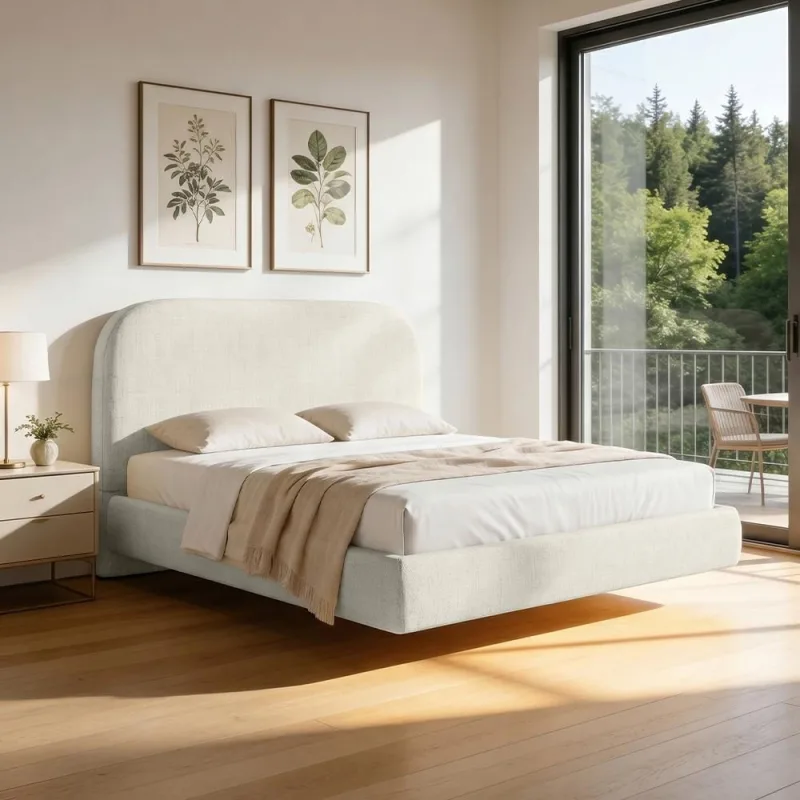 Cama Queen Flutuante Com Cabeceira 160cm Aura W01 Linho Cru - Lyam Decor - Lyam Decor
