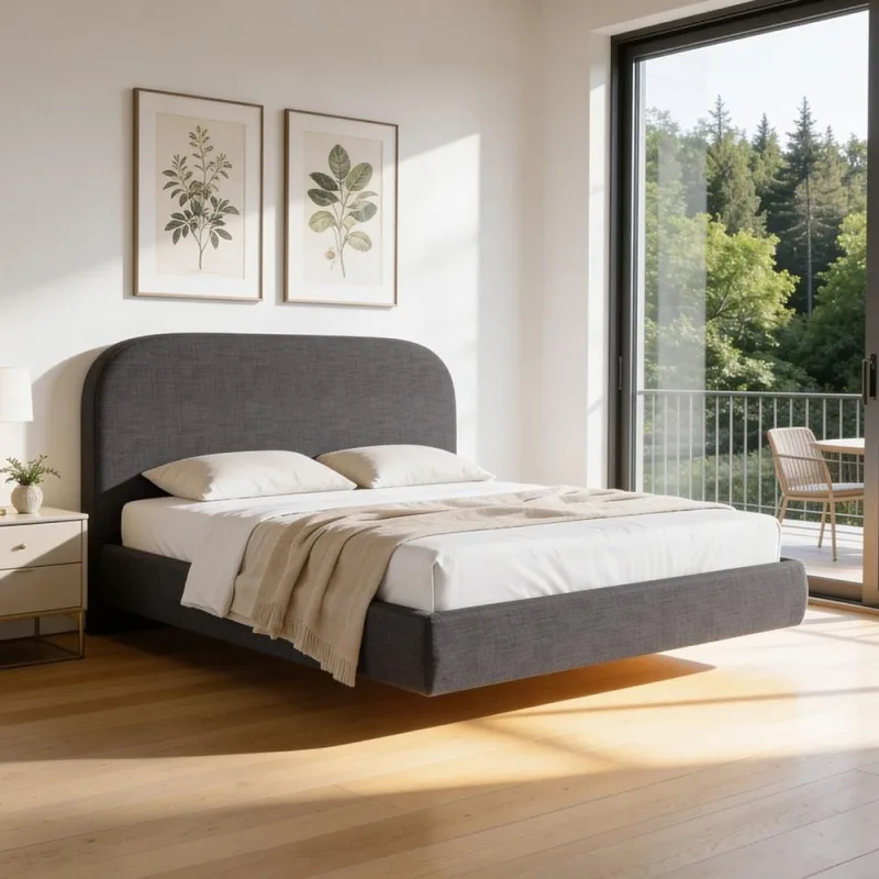 Cama Queen Flutuante Com Cabeceira 160cm Aura W01 Linho Cinza Escuro - Lyam Decor - Lyam Decor