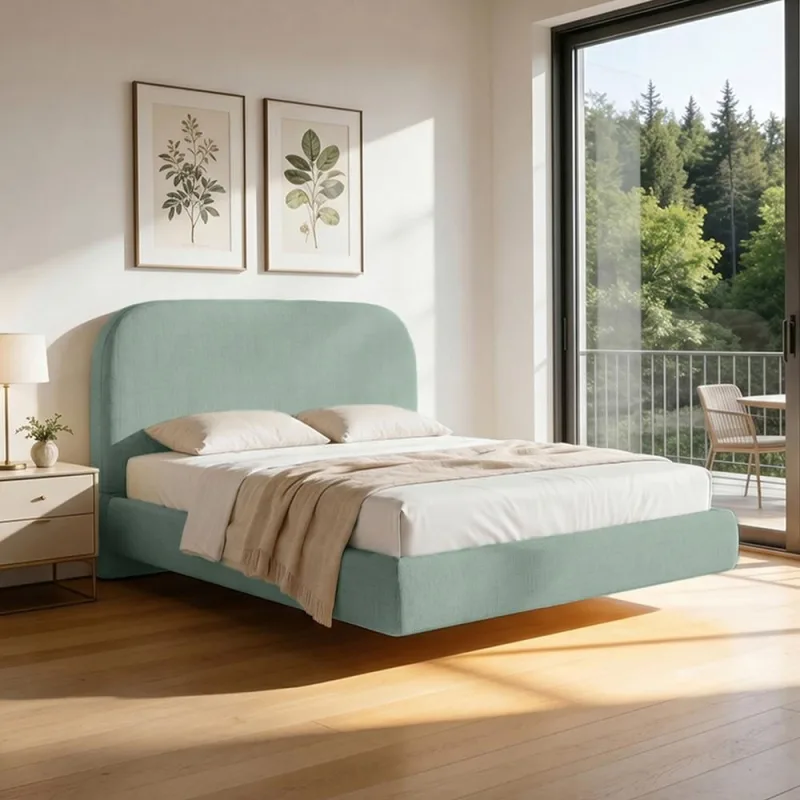 Cama Queen Flutuante Com Cabeceira 160cm Aura W01 Linho Verde Menta - Lyam Decor - Lyam Decor