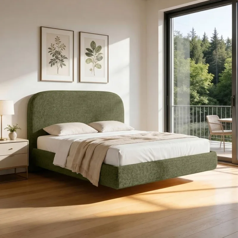 Cama Queen Flutuante Com Cabeceira 160cm Aura W01 Linho Verde - Lyam Decor - Lyam Decor