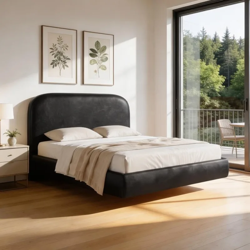 Cama Queen Flutuante Com Cabeceira 160cm Aura W01 Couríssimo Preto - Lyam Decor - Lyam Decor
