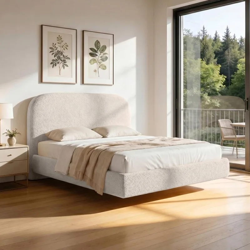 Cama Queen Flutuante Com Cabeceira 160cm Aura W01 Bouclê Creme - Lyam Decor - Lyam Decor