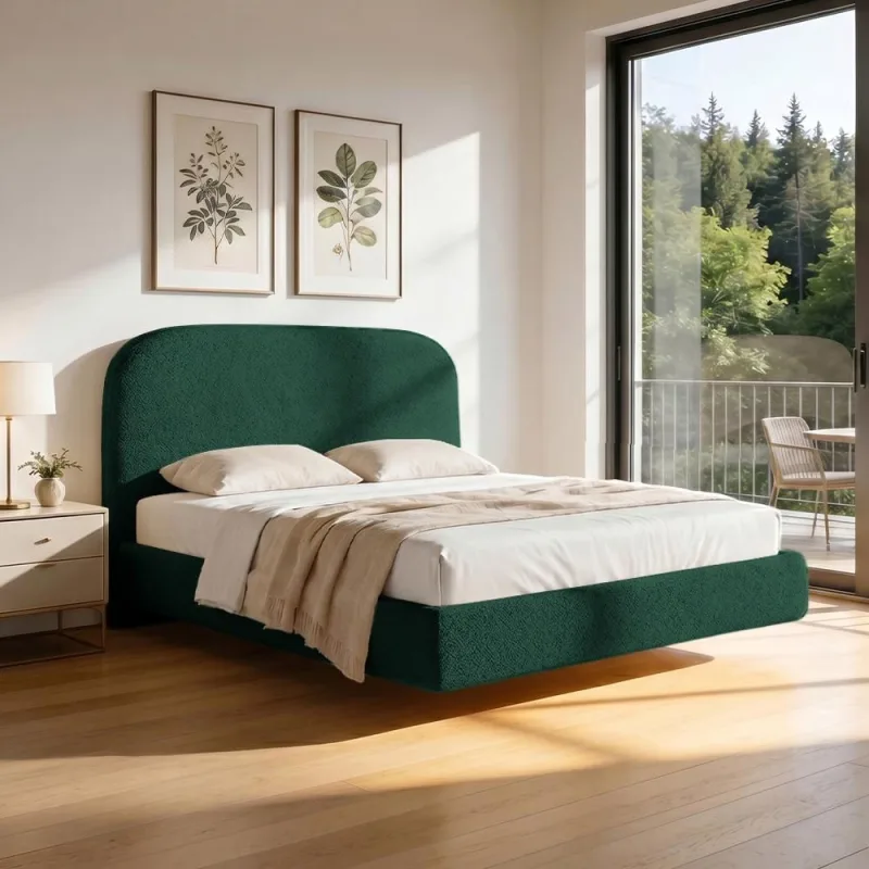 Cama Queen Flutuante Com Cabeceira 160cm Aura W01 Bouclê Verde - Lyam Decor - Lyam Decor
