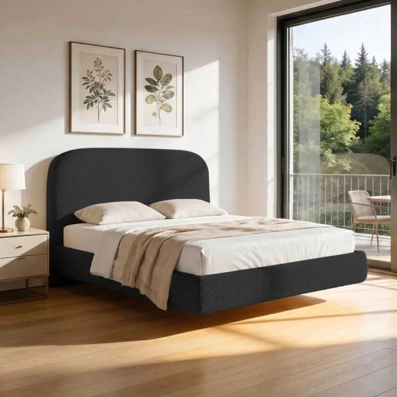 Cama Queen Flutuante Com Cabeceira 160cm Aura W01 Bouclê Preto - Lyam Decor - Lyam Decor