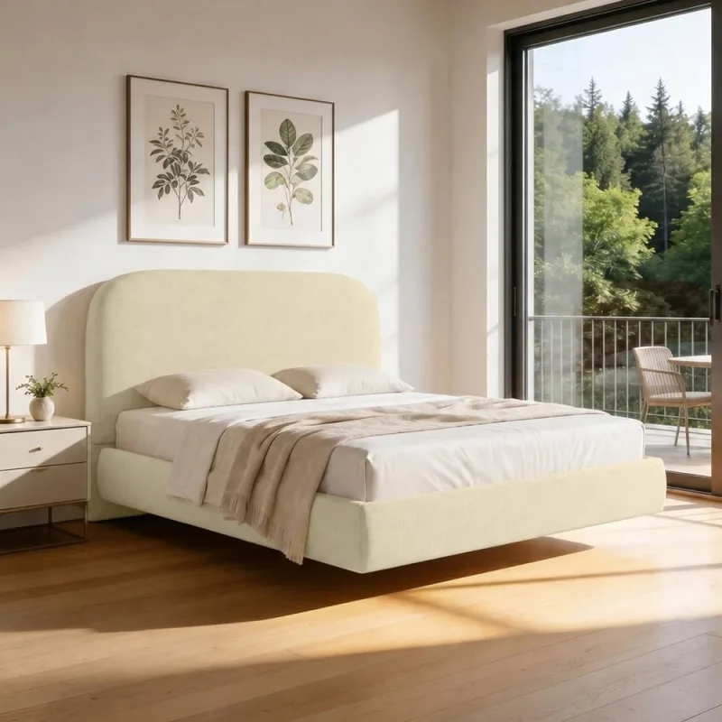 Cama Queen Flutuante Com Cabeceira 160cm Aura W01 Linho Bege - Lyam Decor - Lyam Decor