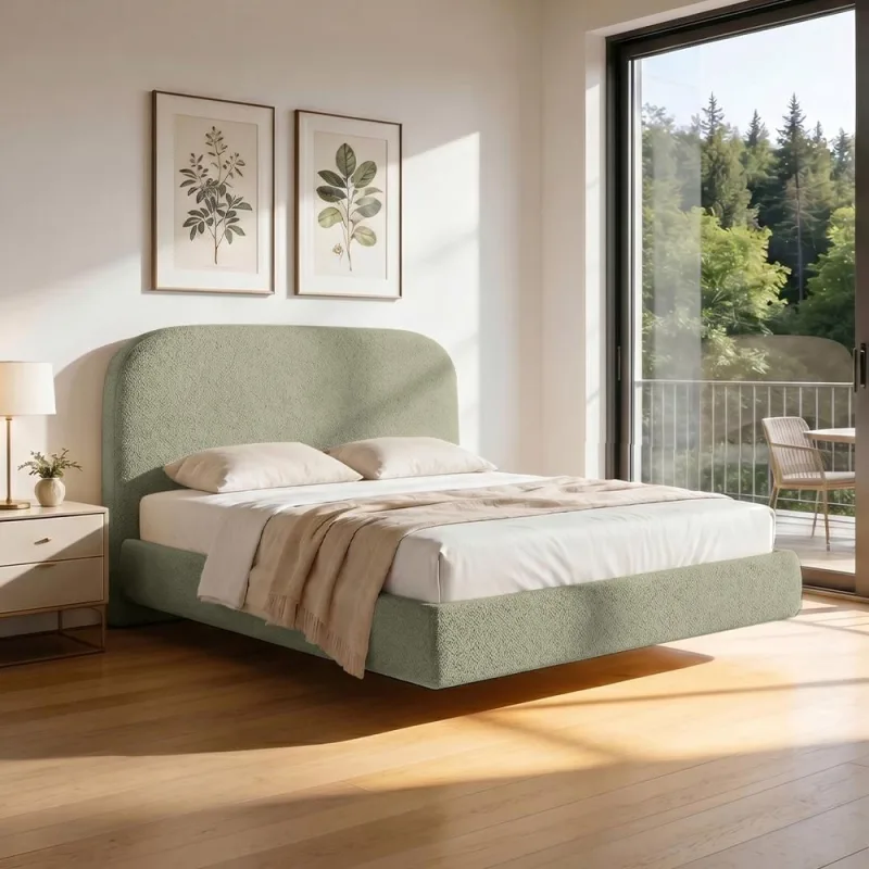 Cama Casal Flutuante Com Cabeceira 140cm Aura W01 Bouclê Oliva - Lyam Decor - Lyam Decor - Colchões