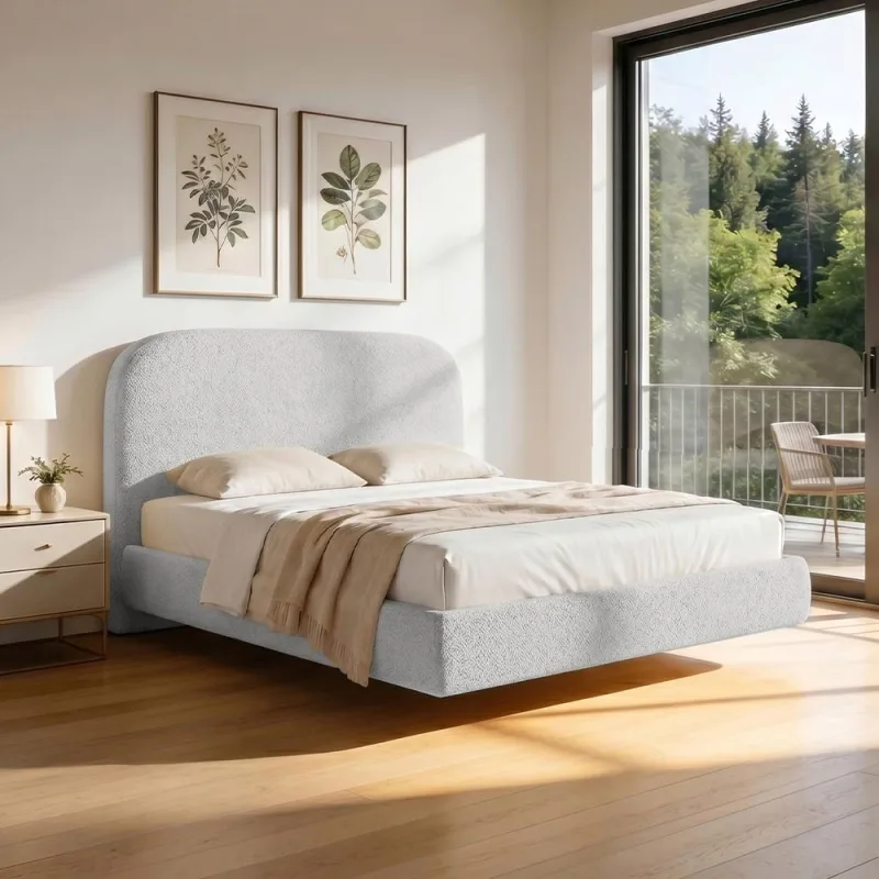 Cama Casal Flutuante Com Cabeceira 140cm Aura W01 Bouclê Cinza - Lyam Decor - Lyam Decor