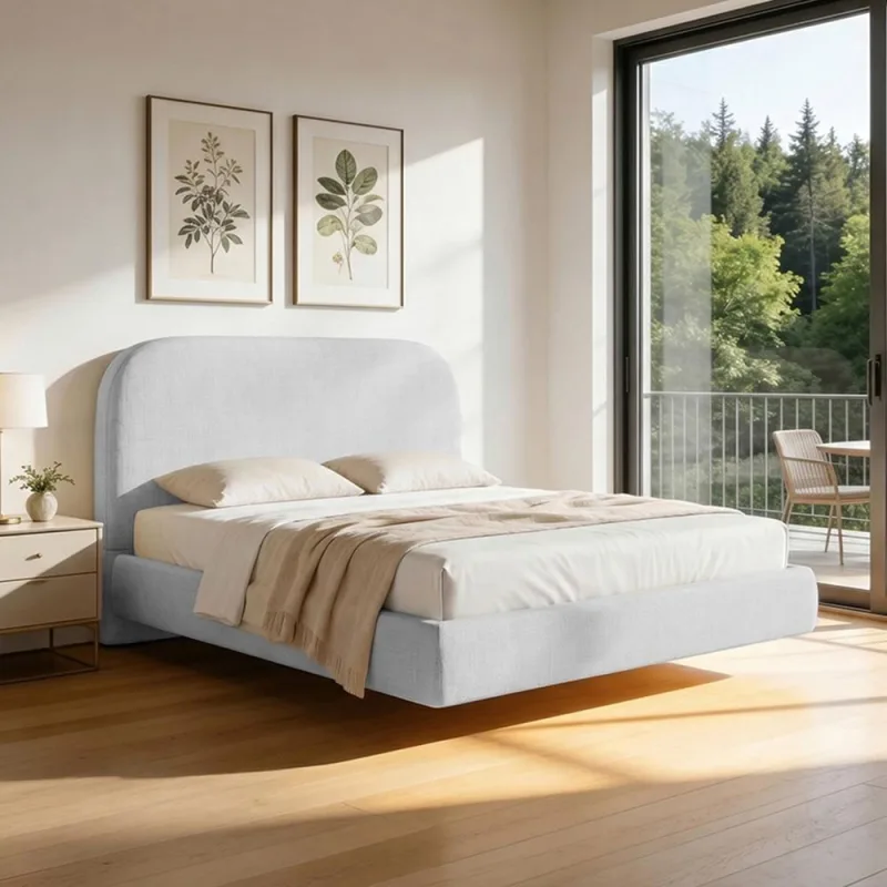 Cama Queen Flutuante Com Cabeceira 160cm Aura W01 Linho Cinza - Lyam Decor - Lyam Decor
