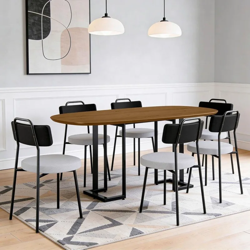Mesa Retangular Alina 180cm Cinamomo Preto Com 6 Cadeiras Barcelona N01 Couríssimo Preto Linho Cinza - Lyam Decor - Lyam Decor