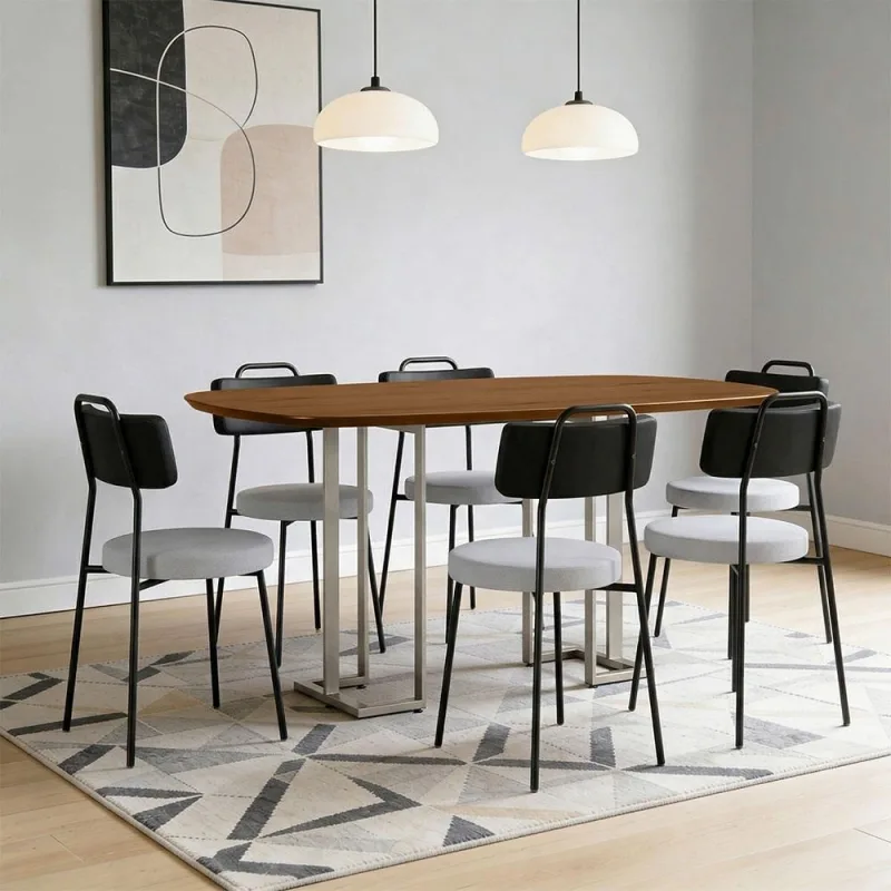 Mesa Retangular Alina 180cm Cinamomo Champanhe Com 6 Cadeiras Barcelona N01 Couríssimo Preto Linho Cinza - Lyam Decor - Lyam Decor