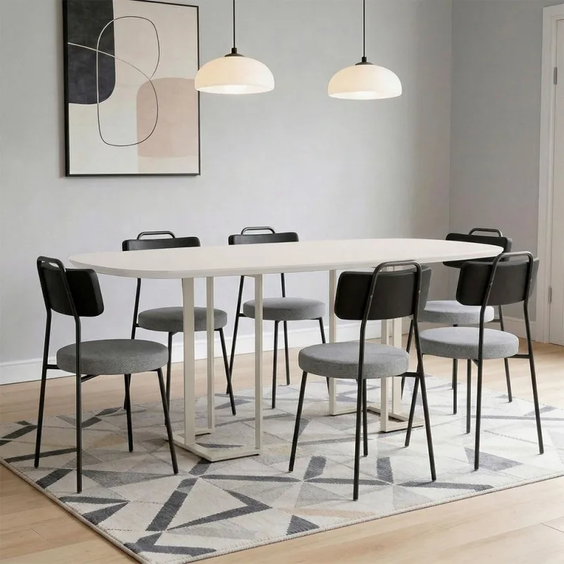 Mesa Retangular Alina 180cm Off White Champanhe Com 6 Cadeiras Barcelona N01 Couríssimo Preto Linho Cinza - Lyam Decor - Lyam Decor - Móveis