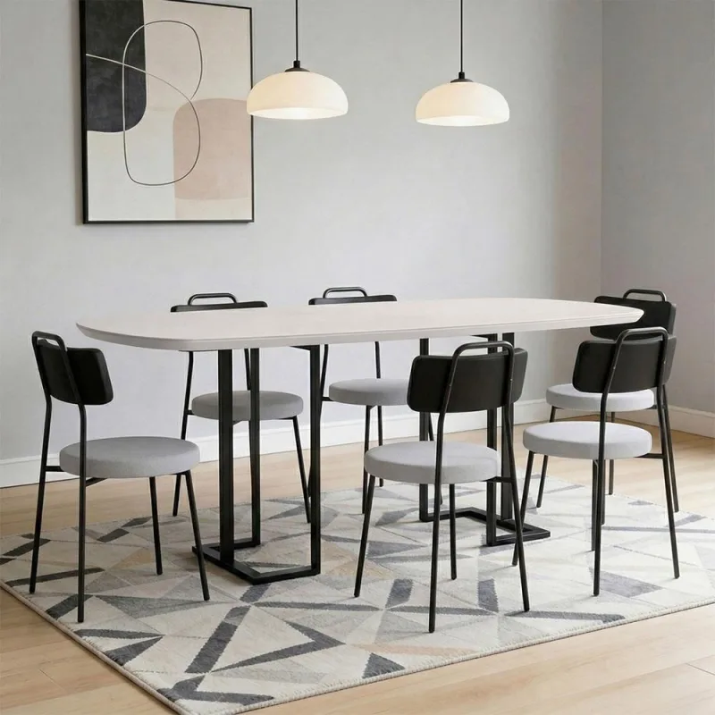 Mesa Retangular Alina 180cm Off White Preto Com 6 Cadeiras Barcelona N01 Couríssimo Preto Linho Cinza - Lyam Decor - Lyam Decor - Móveis