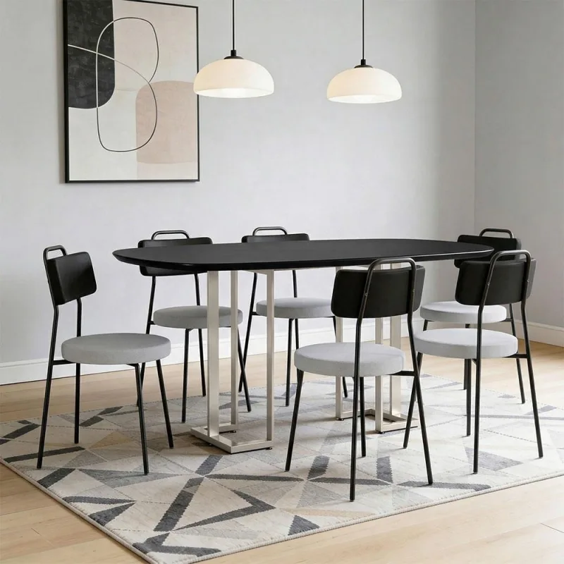 Mesa Retangular Alina 180cm Preto Champanhe Com 6 Cadeiras Barcelona N01 Couríssimo Preto Linho Cinza - Lyam Decor - Lyam Decor